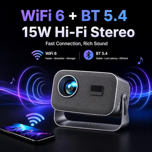 جهاز عرض ذكي صغير 1080P 4K من دوفين، واي فاي 6 وبلوتوث 5.4، تركيز تلقائي 12000 ANSI وتجنب العوائق، جهاز عرض خارجي محمول لايفون/اندرويد/تلفزيون/HD، بلوتوث صغير جاهز روكو