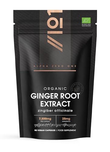 Organic Ginger Extract 7500mg Standardised 5% Gingerols (25mg) - 90 Vegan Capsules (3 Months Supply) Resealable and Recyclable Pouch by Alpha01
