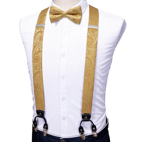 Image of YOHOWA Men Suspenders 6 Clips Strength Adjustable Y Braces Pre-Tied Bow Tie Set Formal Wedding Party