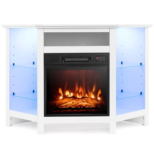 Tangkula Fireplace Corner TV Stand with LED Lights & Smart APP Control for 50 Inches TV, Entertainment Center with Adjustable Glass Shelves, 18” Electric Fireplace, Remote Control, Thermostat