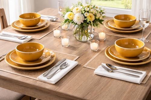 Waterside - 12 Piece Saffron Yellow Stoneware Dinner Set; 4 Dinner Plates, Side Plates & Deep Bowls - Dishwasher & Microwave Safe