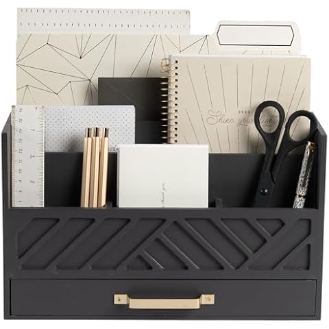 BLU MONACO | Grey Wooden Desk Organizer With Drawer | MDF Wood Desktop Organizer With Gold Handle | Multi-Compartment Desk Storage For Office Stationery | Home Office Organization Cover