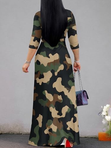 Image of Plus Size Dresses for Women Print Maxi Dresses 3 /4 Sleeve with Belt