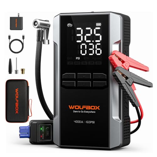 Image of WOLFBOX 4000A Jump Starter with Air Compressor, 88.8Wh Car Battery Jumper Starter Portable(10L Gas /10L Diesel), 12V Booster Jump Box Pack with 160PSI Tire Inflator, 65W Fast Charger, Jumper Cables