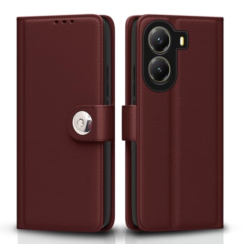 Image of Pikkme Flip Cover Leather Finish | Inside TPU with Card Pockets | Wallet Stand and Shock Proof | Complete Protection Button Flip Case for Poco X7 Pro 5G(Brown)