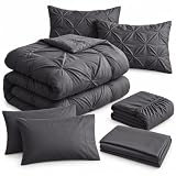 Picture of LANE LINEN 7 Piece California King Bed in a Bag Microfiber Pintuck - Grey | Buttery-Soft Brushed Hand, Tailored Modern Look, Wrinkle-Resistant Everyday Bedding, For Guest Rooms, Cozy Comfort