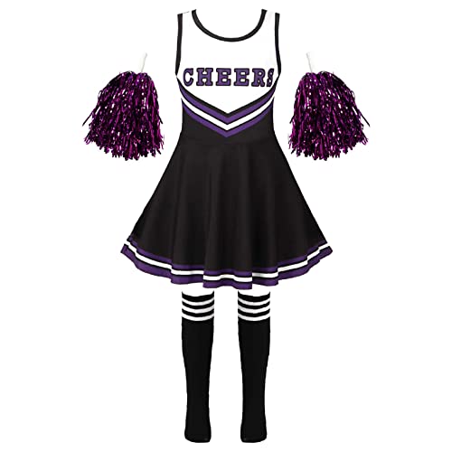 Choomomo Cheerleading Tenue Fille Uniforme de Pom-Pom Girl High School Cheer-Leader Costume de Danse Robe sans Manche Ensemble Cosplay Fantaisie Performance Noir 7-8 Ans Cover