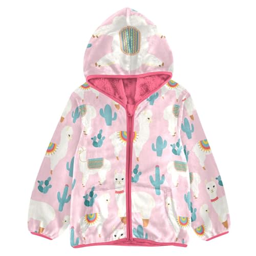 OTVEE Cute Llama Alpaca with Cactus Kids Hoodie Jacket Fall Spring Full Zip Warm Outwear Coat