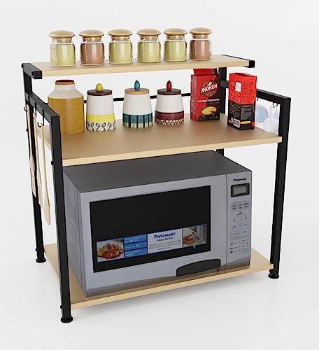 Design Tech Metal 3-Layer Multi-Function Microwave Oven Rack Kitchen Storage Shelf (Black & Ivory)