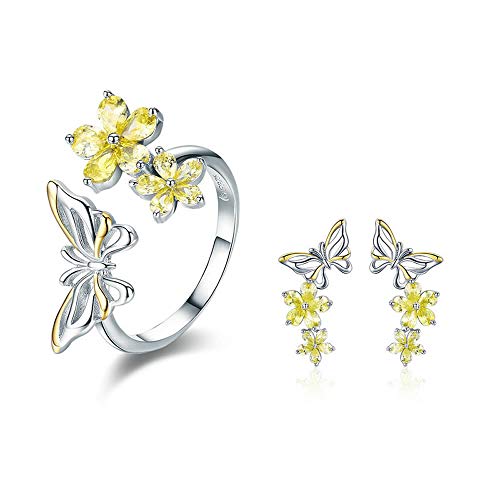 Preisvergleich Produktbild Damen Ohrringe / Ohrringe, 925er Sterlingsilber, Motiv: tanzender Schmetterling und gelber Kristall, Zirkonia, luxuriöser Schmuck