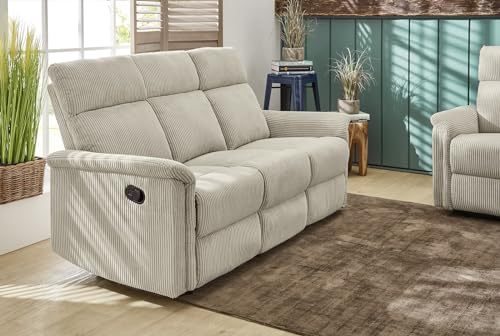 Stilvolles Dreisitzer Sofa mit Federkernpolsterung und Wellenunterfederung B180/T93/H100 cm, verstellbare 3er Couch durch halbautomatische Relaxfunktion, Bezug Cord in Beige / 15506 – Bild 3