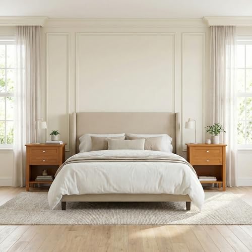 SIMPLIHOME Warm Shaker Bedside Table - 24 inch Wide Solid Wood Nightstand in Light Golden Brown, Transitional Bedroom Side or End Table with 2 Drawers, Open Shelf Storage and Brushed Nickel Hardware by SIMPLIHOME - Image 3