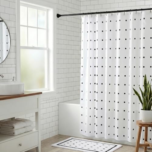 Image of Croydex White Shower Curtain with Black Dots Design - 100% Polyester with a Weighted Hem, Machine Washable and coated with Proseal for Water Repellence, 1800x1800mm