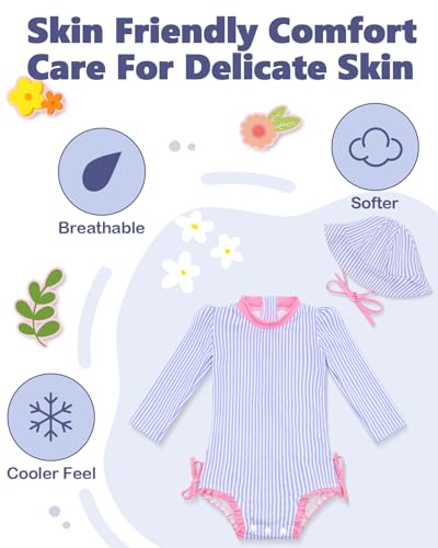 Image of ALVA Girls' One Piece Swimsuit with Hat, Baby Rash Guard Sets,Long Sleeve Zipper UPF 50+ Sun Protection Bathing Suit