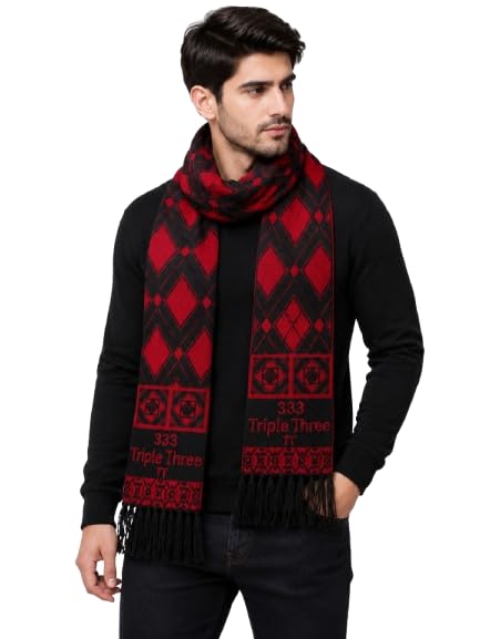 Premium Men's Winter Muffler | Soft Acrylic Knit Scarf | Geometric Pattern | Warm Stylish Neck Wrap For Men-Red-picture-34