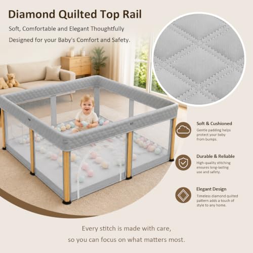 Image of TOREVSIOR Baby Playpen, 50 x 50 inches, Portable Play Yard with Carry Bag Foldable Design, Gray | Playpen for Babies and Toddlers,Indoor & Outdoor Kids Safety Play Pen, Portable Play Yard, Baby Playpen with 50 Ocean Balls