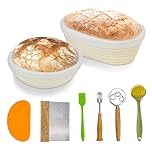 Bread Proofing Basket Set,Round & Oval Sourdough Proving Basket,100% Natural Rattan, Sourdough Bread Making Kit with Cloth Liner, Bread Lame, Dough Whisk, Scrapers & Brush.Sourdough Starter Kit,