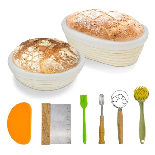 Ensemble de panier à pain rond et ovale, rotin 100 % naturel, kit de fabrication de pain au levain avec doublure en tissu, lame, fouet à pâte, grattoirs et brosse. Kit de démarrage au levain