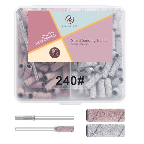 Oranllow 110pcs Small Sanding Bands Nail Drill Bits with 3.1mm Mandrel Nail Bit, 240 Fine Grit Nail...