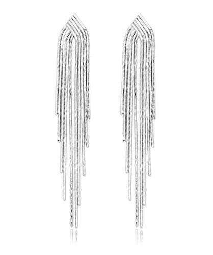 KristLand - S925 Silver/Alloy Hook Sleek Chain Tassel Drop Earrings Long Leather Fringe Dangle Simple Dainty Earrings Sleek Chain Silver Color