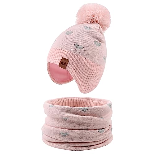 Knitted Pink Baby Hat Scarf Set Winter Warm Girls Beanie Fleece Lining Toddler Kids Hat With Pompom (Pink Heart(Hat+Scarf), M) #TOP15