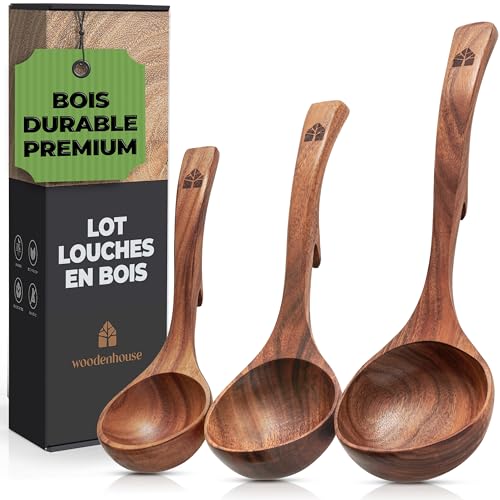 Ustensiles de Cuisine Bois - Lot de 3 Louches en Teck 100% Naturel - Louche à Soupe avec Crochet Pratique sur le Manche pour Tenir sur La Casserole, Cuillere en bois de cuisine Antiadhésive