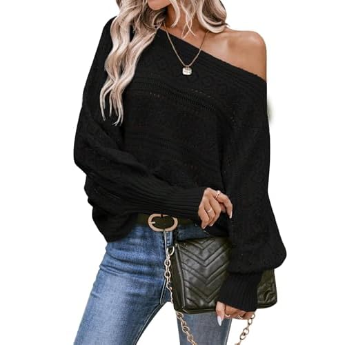 Cakulo Womens Off Shoulder Sweater Top Fall Outfits Fashion 2025 Oversized Knit Batwing Long Sleeve Crochet Pullover Sweaters Small Black