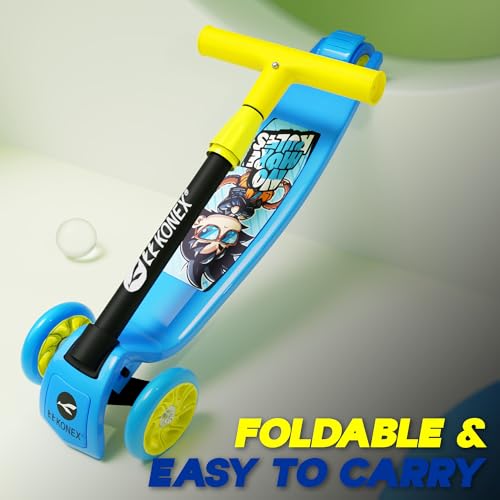 Image of Konex Kick Scooter for Kids (2+ Years) | 3 Broad Rubber Wheels for Smooth Ride | 4-Level Height Adjustable Handle | Foldable & Portable with Back Brake | Holds Up to 40 kg (Blue-Yellow)