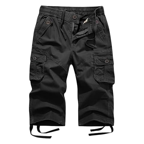 FOURSTEEDS Women's Mid Rise Cotton Capri Hiking Shorts Drawstring Multi Pocket Cargo Shorts Elastic Waist Cropped Cargo Pants Black XL Cover