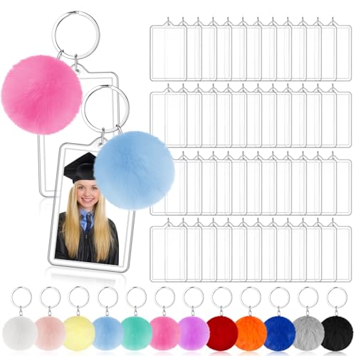 Image of 48 Pack Acrylic Photo Keychains with Colorful Pom Poms, 2 x 3 Inch | Double Sided Acrylic Photo Keychains, Easy DIY for Back to School Students Gifts, Classroom Rewards,, Graduation Keepsakes