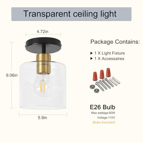 KLSS - Black Brass Semi Flush Mount Ceiling Light, Modern Farmhouse Ceiling Light Fixture for Closet, Entryway, Hallway, 5.9 Inch Clear Glass Shade 1 Pack by KLSS - Image 5