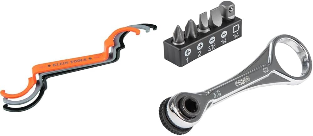 Klein Tools 50900R Conduit Lockout Wrench Set, Tighten and Loosen Locknuts in Tight Spaces & 65200 Ratchet Set, 5-Piece Mini Ratchet Set with Phillips, Slotted, and Adapter