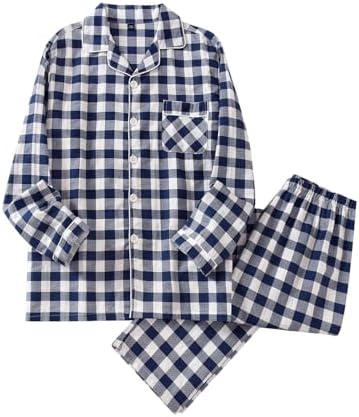 DRUNSPDS Men's Long Sleeve Pajamas, 100% Cotton, Double Gauze, Room Wear, Top and Bottom Set, Loungewear, Soft, Sweat Absorbent, Breathable, Stylish, Skin-friendly, Hospital Wear Gift, Spring, Sum