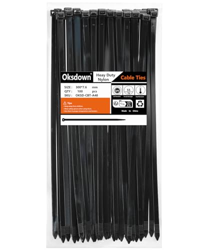 Oksdown Black Thick Cable Ties, 300mm x 7.6mm, 100 Pack