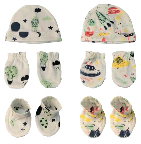The Mom Store Cotton Baby Caps, Mittens and Booties Combo Set for 0-6 Months Free Size – Pack of 2
