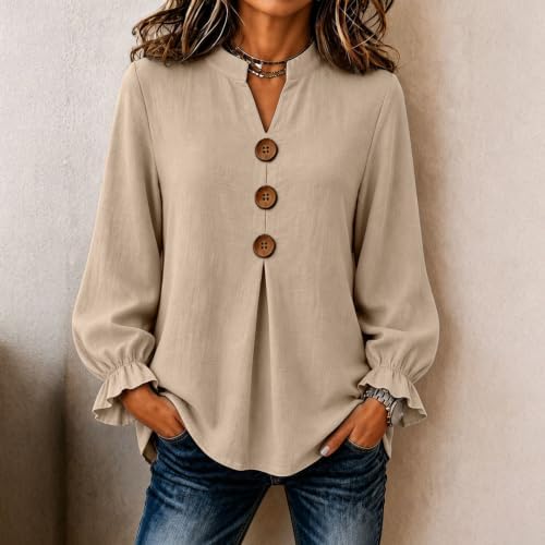 Women's Button Front Tunic Blouses Ruffle Cuff Long Sleeve Tops - 2