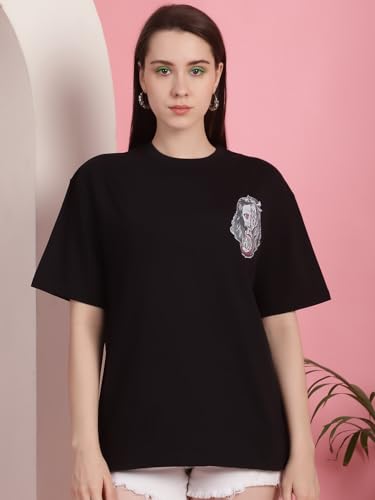 Image of Preneum Women's Cotton Cool Graphic Printed Baggy Fit Drop-Shoulder Sleeves Cotton Oversized T-Shirt