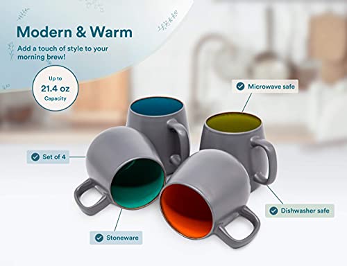 Kook Multicolor Deco Large Ceramic Coffee Mugs, Ceramic, Microwave & Dishwasher Safe, 21 Oz, Semi-Matte, Grey, Set Of 4 #TOP4