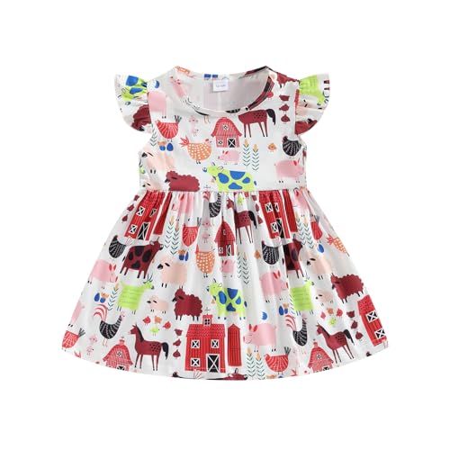 Toddler Little Girl Farm Dress Animals Print Fly Sleeve Baby A-line Dresses Cute Farm Baby Clothes Summer 1-5T
