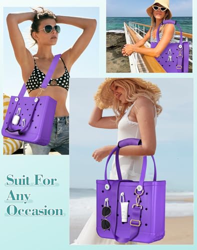Image of Bag Strap Charms Crossbody for Bogg Bag Accessories - Shoulder Strap Neoprene Luggage Handle Wrap for Suitcase & 2 Key Holders Purple