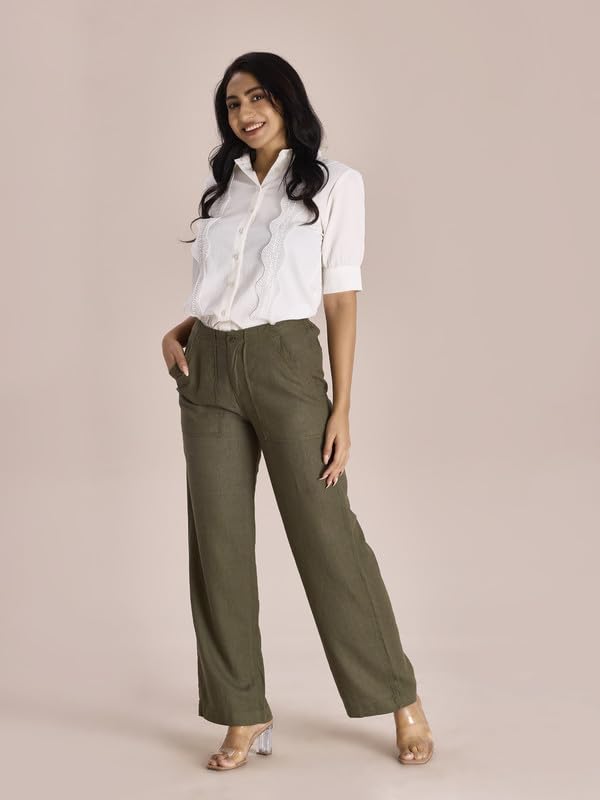 Image of GO COLORS Solid Linen Cargo Pants for Women | Full Length, Mid Rise, Side Pockets
