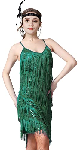 Image of Women 1920s Gatsby Flapper Dress Sexy Open Back Strap Fringed Cocktail Party Dress with 20s Accessories