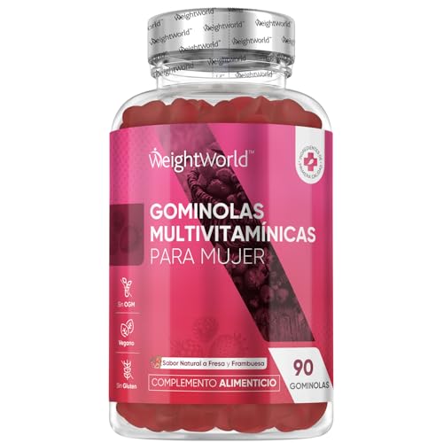 Multivitaminas y Minerales para Mujer - 90 Gominolas Sabor Fresa y Frambuesa - 13 Nutrientes Esenciales como Aceite de Onagra, Ácido Hialurónico, Vitaminas B, C, E, Calcio, Yodo y Zinc - Vegano