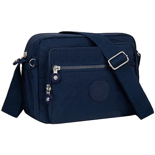 NEWIROVE Umhängetasche Damen Mittelgroß Nylon Wasserdicht Crossbody Bag Leichte Schultertasche Damen Handtaschen Mit Vielen Fächern Sportlich Umhängetasche Für Einkaufen, Reisen, Schule,Marineblau