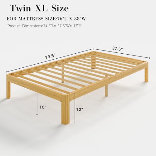 Image of 12 Inch Twin XL Wood Platform Bed,Mid-Century Wood Bed Frame Twin XL Size, No Box Spring Needed, Natural Finish, Easy Assembly