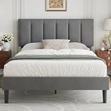 VECELO Upholstered Double Bed 140 x 190 cm with Adjustable Headboard, Velvet Bed Frame, Solid Wooden Slatted Stand, Easy Assembly, Gris