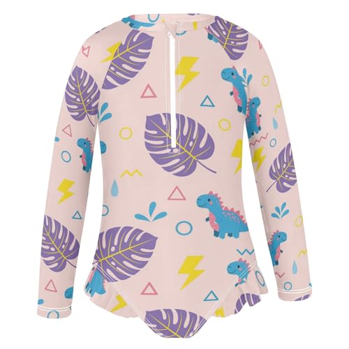 Dinosaur Leaves Triangle Girls Rash Guard Swimsuits Long Sleeve One Pieces Bathing Suit UPF 50+ Zipper Swimwear2