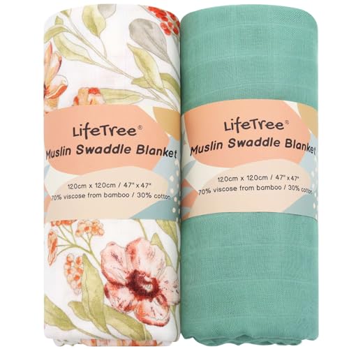 Image of LifeTree Baby Swaddle Blanket, 70% Viscose from Bamboo and 30% Cotton Muslin Swaddles Blankets Unisex, Swaddling Blanket for Newborn, Super Soft Large 47" x 47", Pomegranate Flower and Green