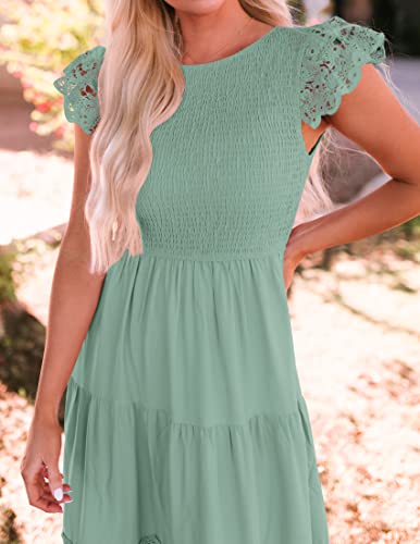 Zesica Women's 2023 Casual Crew Neck Flutter Sleeve Smocked High Waist Hollow Out Lace Trim Tiered A Line Midi Dress,Sage,Medium #TOP6
