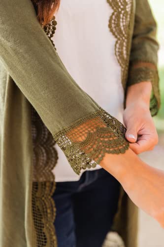 Tickled Teal Women\'s 3/4 Sleeve Lace Trim Casual Wrap Cardigan Coverup Outerwear Sweater (Olive, X-Large) - Thumbnail 4